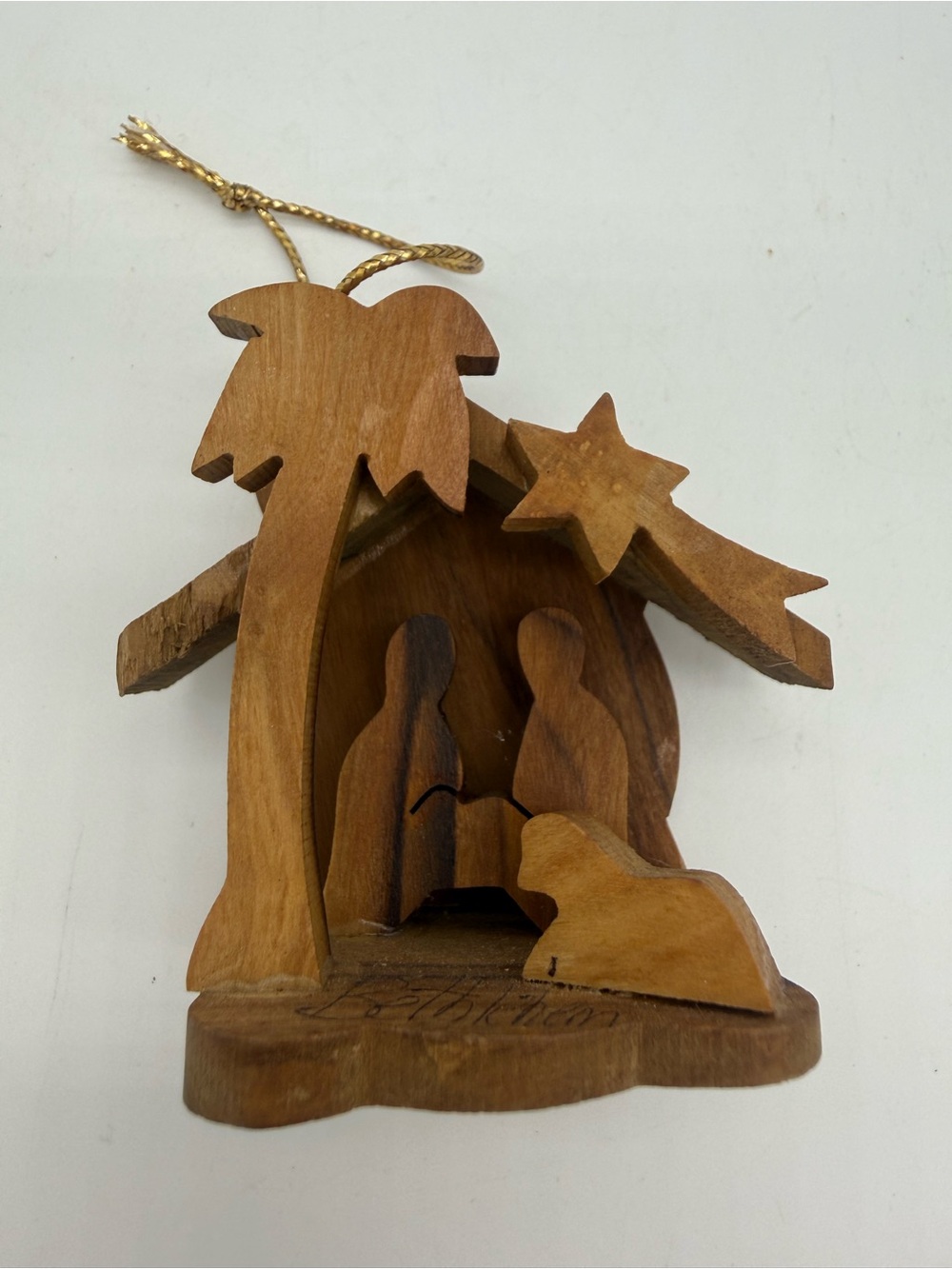 Vintage Bethlehem Olive Wood Nativity Scene Christmas Ornament Hand Carved 3D